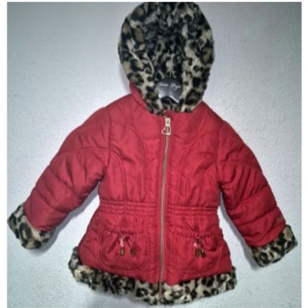 Girls hooded Jacket 3T, Pistachio, Red with leopard trim